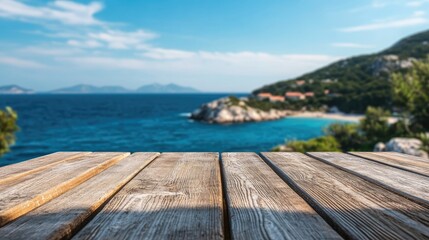 Fototapeta premium Wooden table on the background of the sea, island and the blue sky