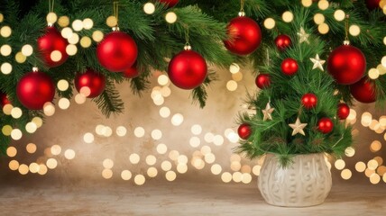 Christmas Tree with Red Ornaments and Golden Lights.