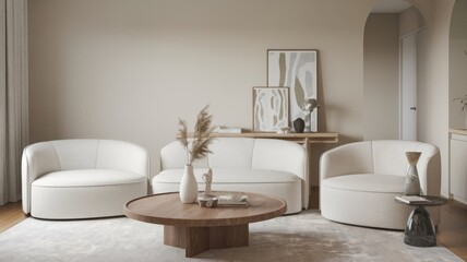 Fototapeta premium Modern Living Room Interior Design with Beige and White Furniture.
