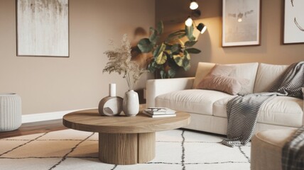 Cozy living room interior with a wooden coffee table and a white sofa.