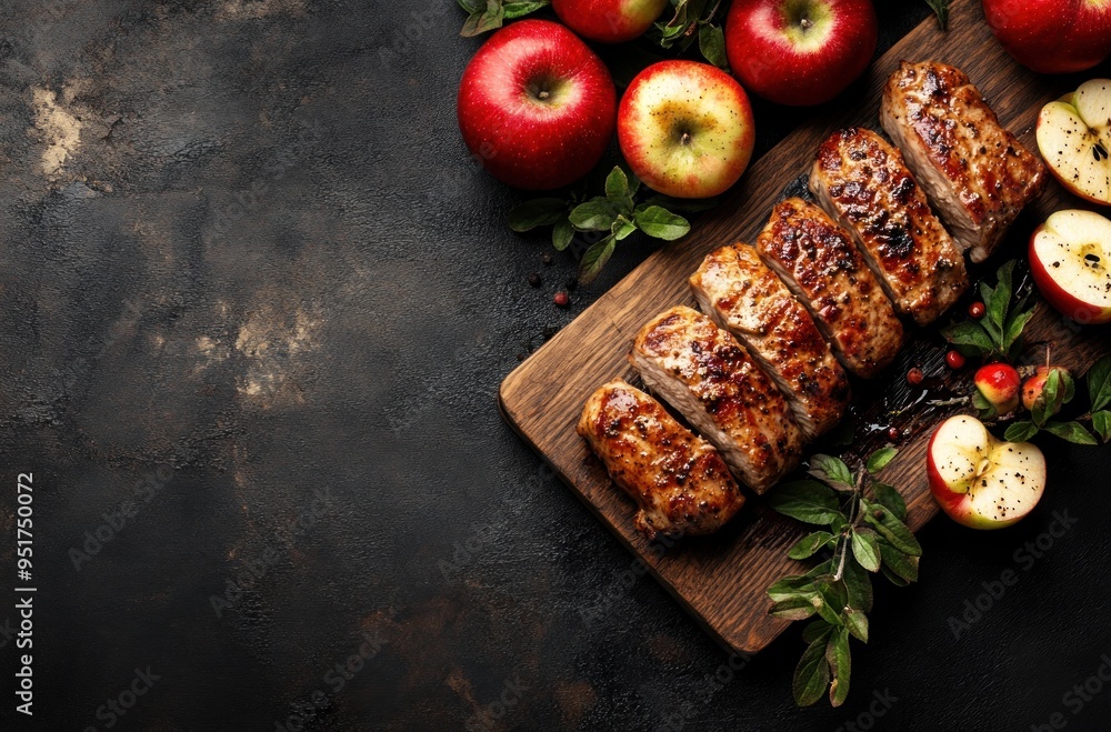 Poster Grilled Pork Chops with Apples and Herbs on a Wooden Cutting Board