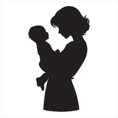 A mother holding her baby silhouette black filled silhouette white background
