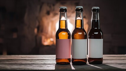 Low angle view of two glass bottles with beer and blank labels in row on dark background with back light