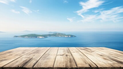 Fototapeta premium Wooden table on the background of the sea, island and the blue sky