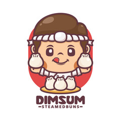 Chef cartoon mascot with dim sum. Vector illustration for culinary business