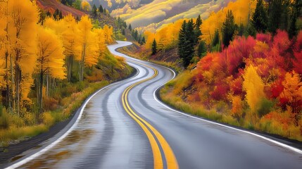 Naklejka premium During autumn, a mountain road is surrounded by trees with fiery foliage, while a light fog settles over the area as rain begins to fall.
