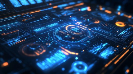 Fototapeta premium Futuristic Holographic User Interface with Glowing Elements and Data Visualizations