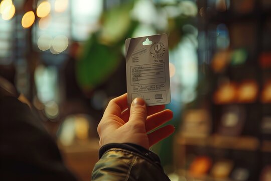Customer is holding a loyalty card in a cafe with a blurred background