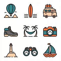 Travel-Themed Icon Set in Bold Line Art with Earthy and Warm Colors