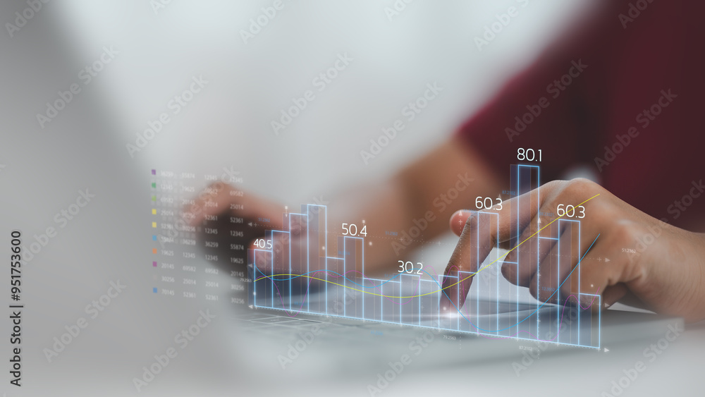 Poster a businessman is analyzing data charts related to finance and return on investment, focusing on busi