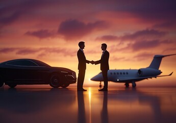 Silhouette of two people shaking hands beside SUV and private jet at sunset