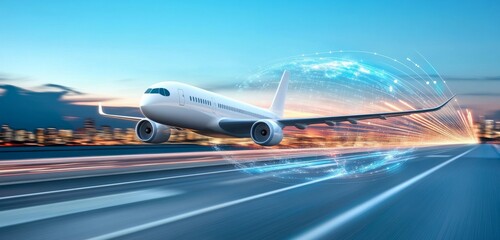 Fototapeta premium A White Airplane Flying Over the City Leaving Trails Against a Light Blue Background