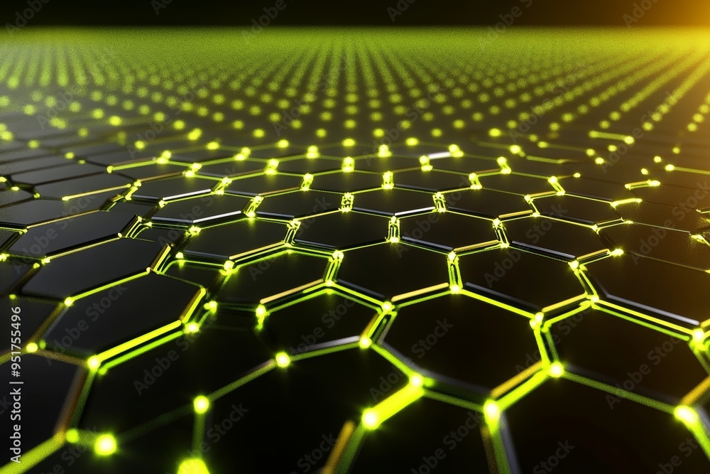 Poster a green hexagon pattern on a green neon background with an abstract black hexagon pattern on top of 