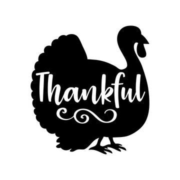 Turkey logo. Silueta de pavo con letras palabra Thankful en texto manuscrito para tarjetas y felicitaciones del D&iacute;a de Acci&oacute;n de Gracias
