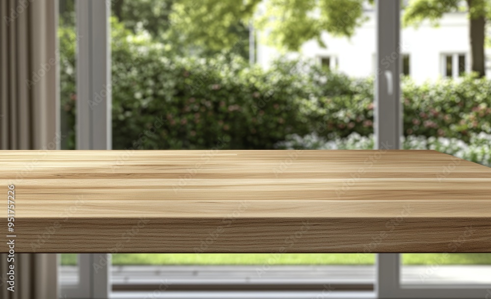 Poster an image of a wooden kitchen table with a window in the background for displaying products