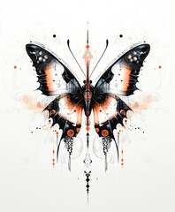 A stylized butterfly illustration with intricate patterns and vibrant colors.