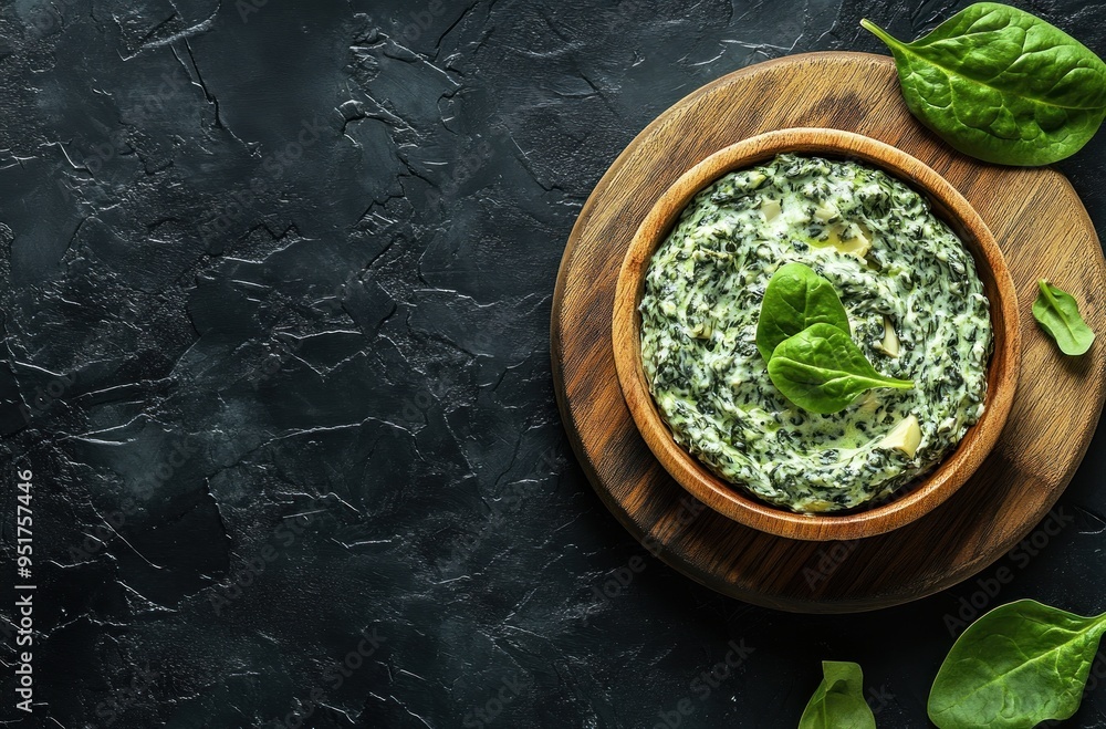 Wall mural Spinach dip in a wooden bowl on a black background