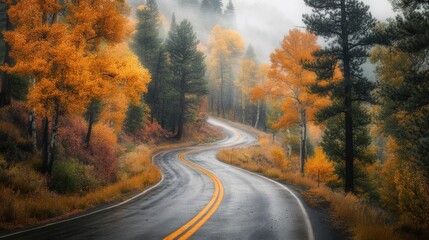 Fototapeta premium As rain begins to fall, a light fog settles over the area, creating a mystical and beautiful muted palette of fall colors.