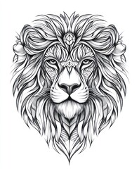 Obraz premium A detailed black and white illustration of a lion's face, emphasizing intricate patterns and textures.