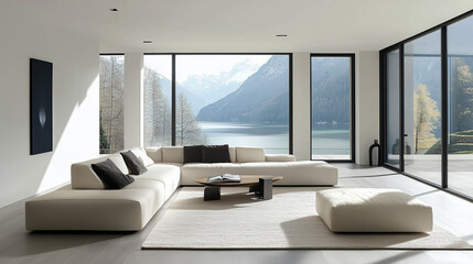 Modern luxury interior living room design with big windows moutains view. Simple and minimal white room with white sofa.