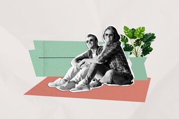 Composite photo collage of two happy guy girl family relationships lovers sit indoor flower pot...