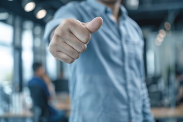 A confident gesture shows approval in a modern office space. The blurred background hints at teamwork. This image is great for business or motivational themes. Generative AI