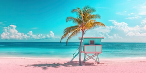 Vibrant turquoise sea, pink sand, and a lifeguard tower with a swaying palm tree on a sunny beach.