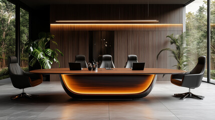 Modern luxury meeting table office, wooden walls and leather chairs.