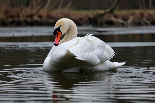 A white swan dips its beak in the water on March 31, 2021, at Grafenwoehr Training Area, Grafenwoehr, Germany.