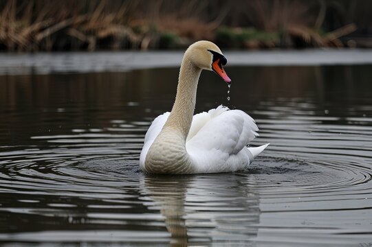 A white swan dips its beak in the water on March 31, 2021, at Grafenwoehr Training Area, Grafenwoehr, Germany.