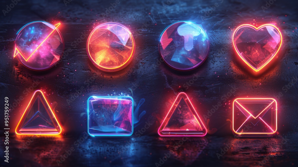 Poster design a series of neon productivity symbols, featuring shimmering checkmarks