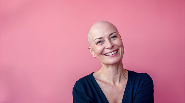 femme de 40 ans environ, chauve, sur un fond rose pour octobre rose, symbole de la lutte contre le cancer du sein