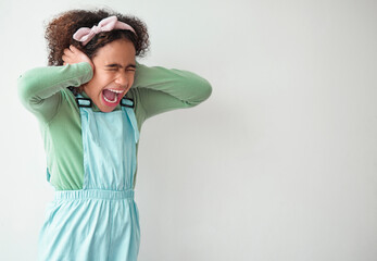 Scream, studio and child cover ears by mockup space for sound with ADHD, scared or autism spectrum. Neurodivergent, shout and girl kid with noise blocking for sensory sensitivity by white background.