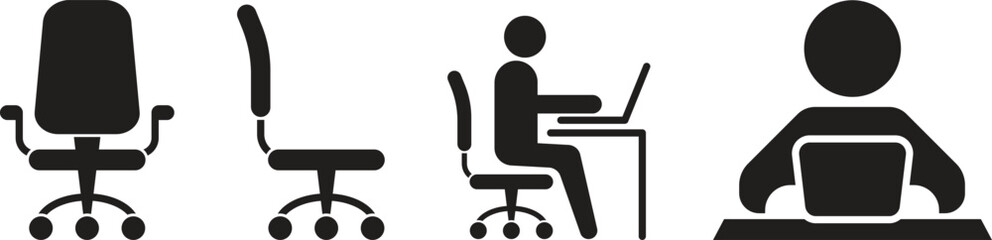 Chair and office worker vector icon. Workplace at the table with laptop. Man Working on Computer Icon Flat Graphic Design. Vector Illustration