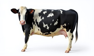 photorealistic image of a black and white cow standing on a plain white background