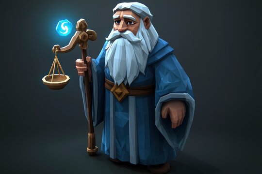 Cartoon Wise Old Man Wizard with Staff and Scale