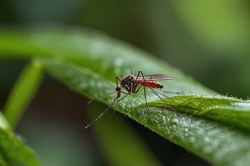 Naklejka premium lose up a mosquito hides under green leaf, nature blurred background, macro photos, selective focus, insect Thailand.