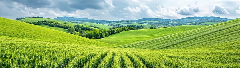 Fototapeta premium Overcast cloudy rural horizon with rolling fields, evoking a peaceful and rustic feel