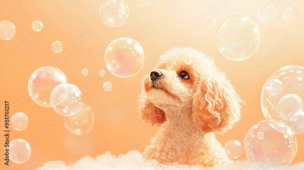 Wall mural curly poodle puppy with soap bubbles