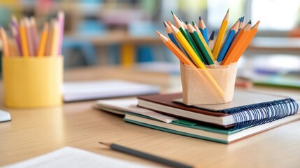 Classroom desk filled with educational resources books notebooks pencils