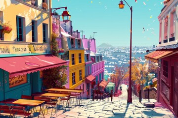 Montmartre with Olympic sports, artistic Parisian ambiance, romance, bright and vibrant colors, 3D illustration 