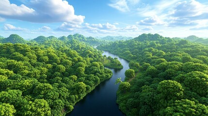 Emerald forest river path winding through dense greenery, sunlight filtering through the trees, a journey into the heart of a verdant wilderness