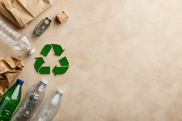 An Overhead View of Plastic Waste with an Eco-Friendly Green Recycling Symbol