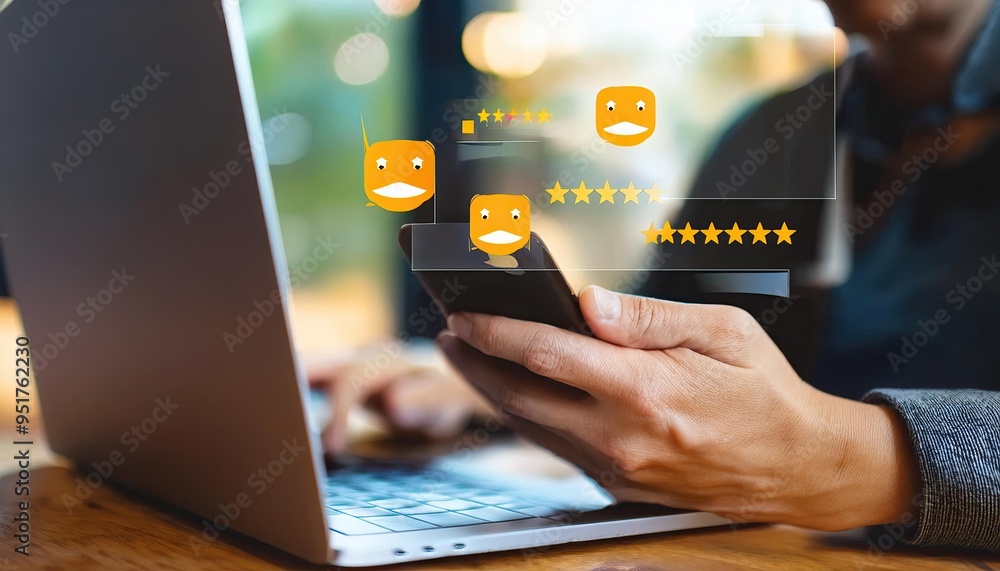 Poster reading and examining ratings and comments in online consumer reviews.