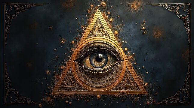 All-seeing eye inside sacred geometry triangle with golden accents