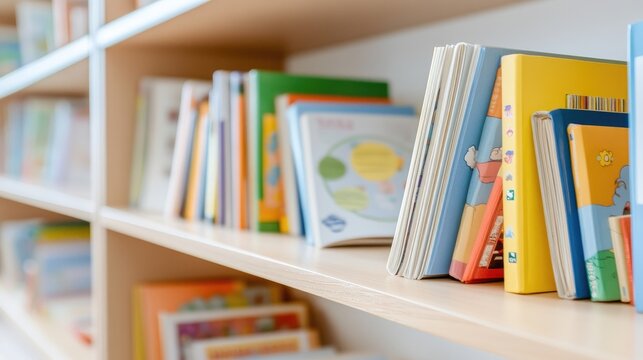 Shelves filled with colorful educational books and resources in a classroom