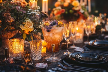 Fototapeta premium A beautifully arranged dining table with elegant glassware and vibrant floral centerpieces. Soft candlelight adds a warm ambiance perfect for gatherings. Generative AI