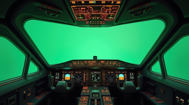 Cockpit view from spaceship with futuristic interface and green screen