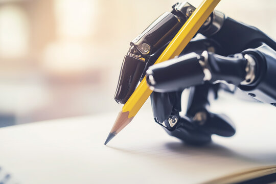 Bionic hand writes with a pencil on paper, artificial intelligence concept, copyspace