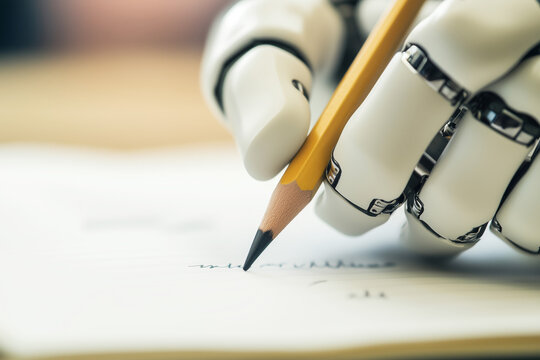 Naklejki Bionic hand writes with a pencil on paper, artificial intelligence concept, copyspace